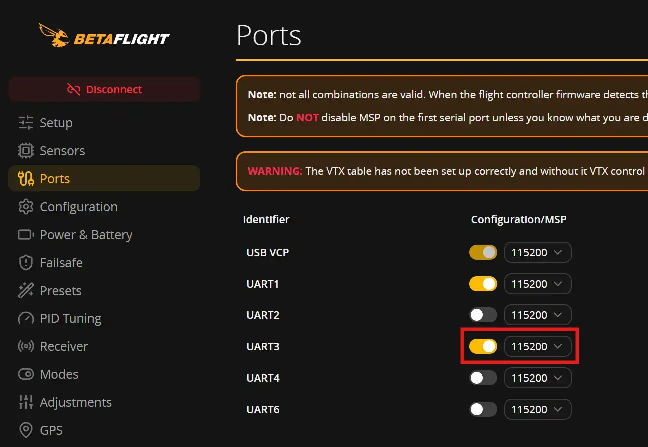 Ports tab setup